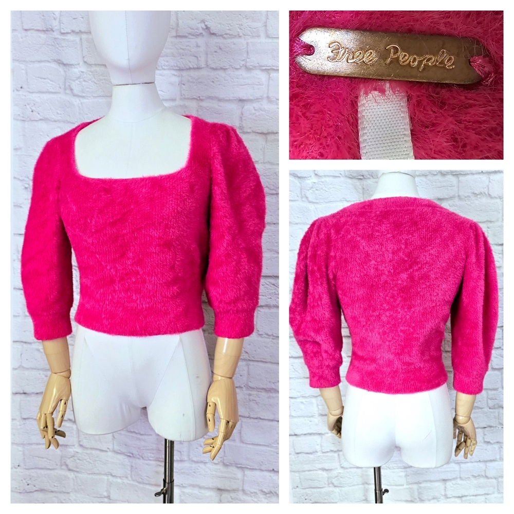 Fuzzy Pink Sweater Free People, puff sleeve crop, Moonbeam Raspberry Pop